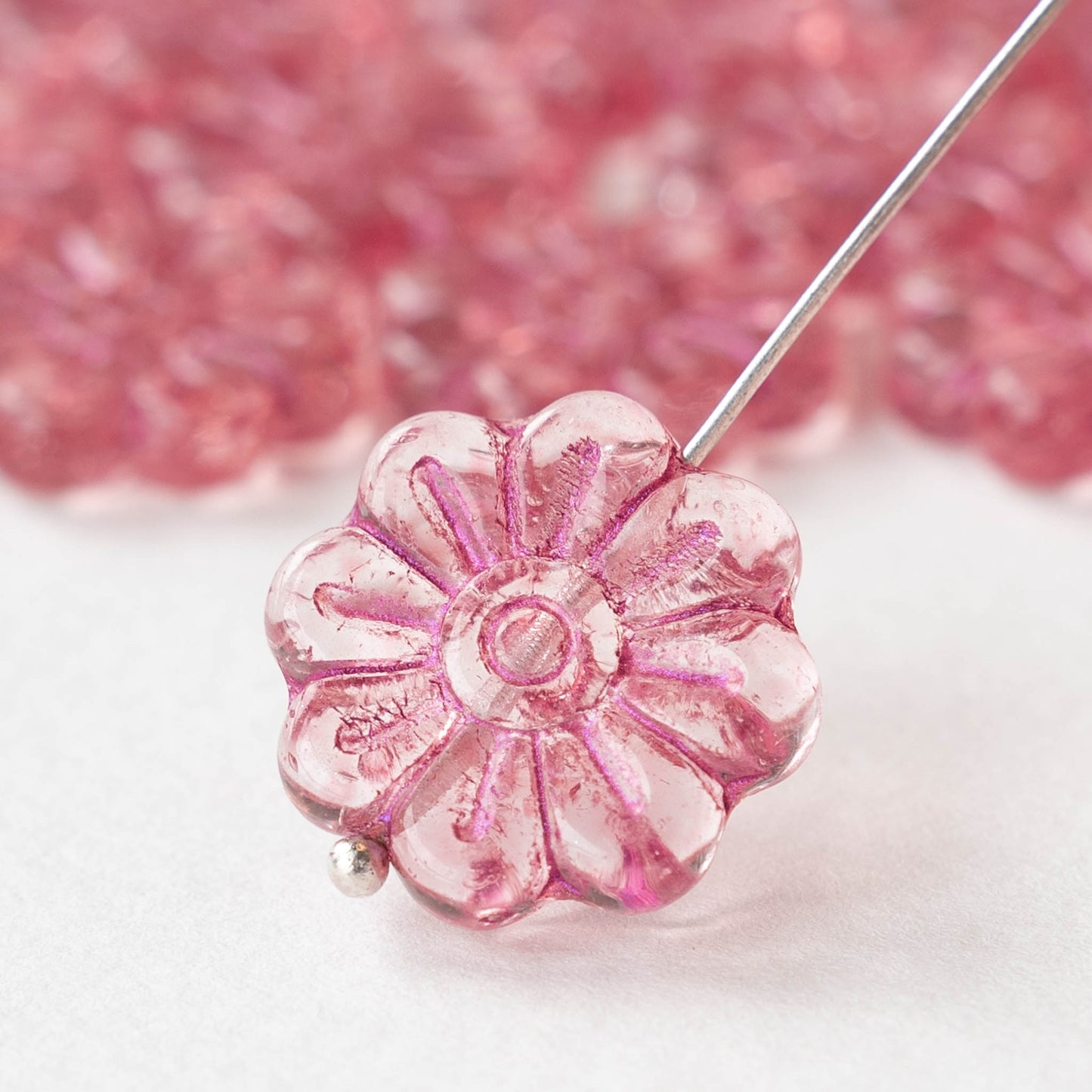 18mm Glass Flower Beads - Crystal with Pink Wash - 6 Beads