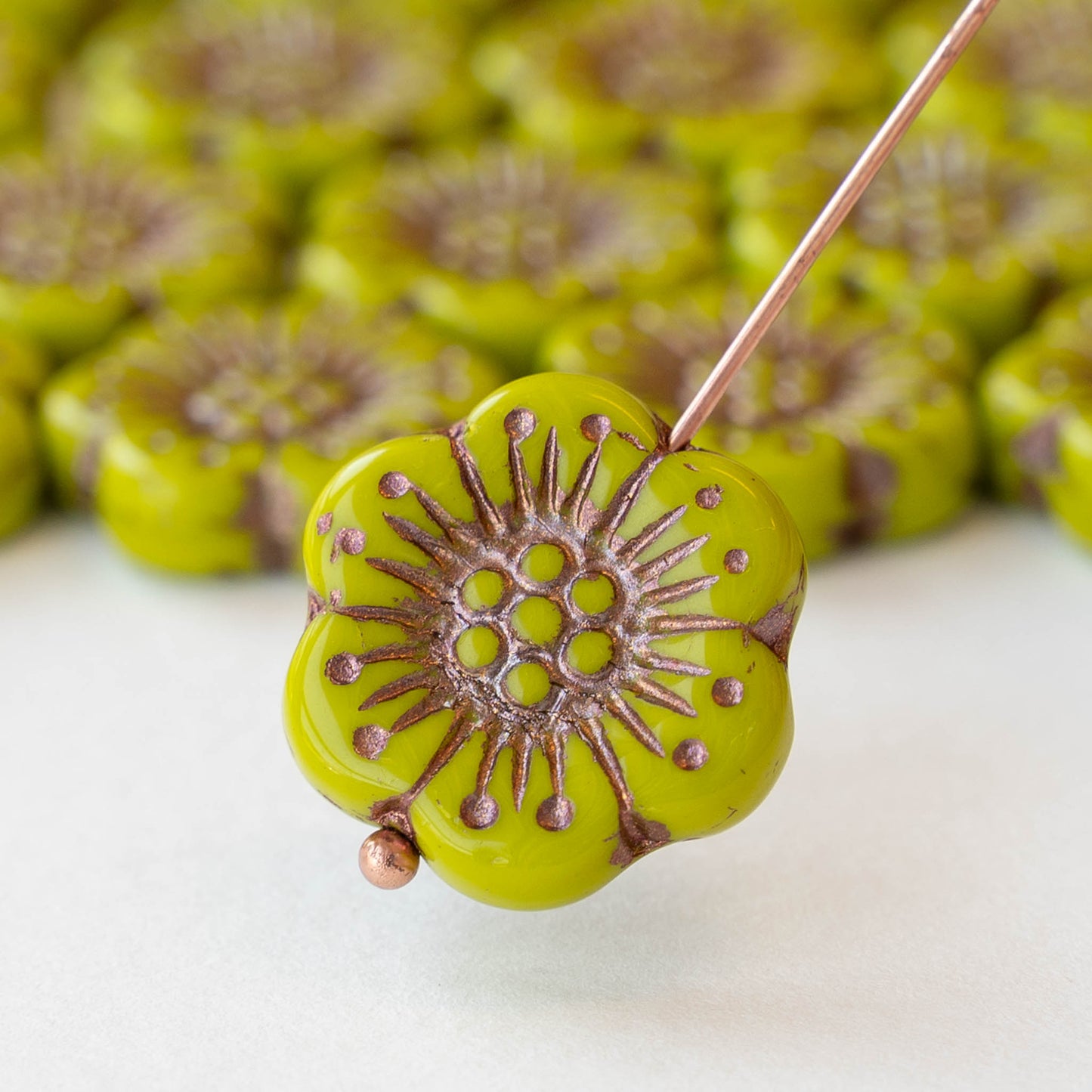 Anemone Flower Beads - 18mm - Opaque Lime Green with Copper Wash - 10 beads