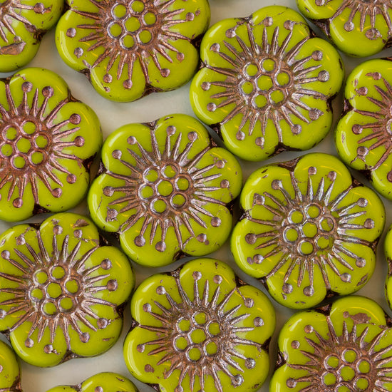 Anemone Flower Beads - 18mm - Opaque Lime Green with Copper Wash - 10 beads