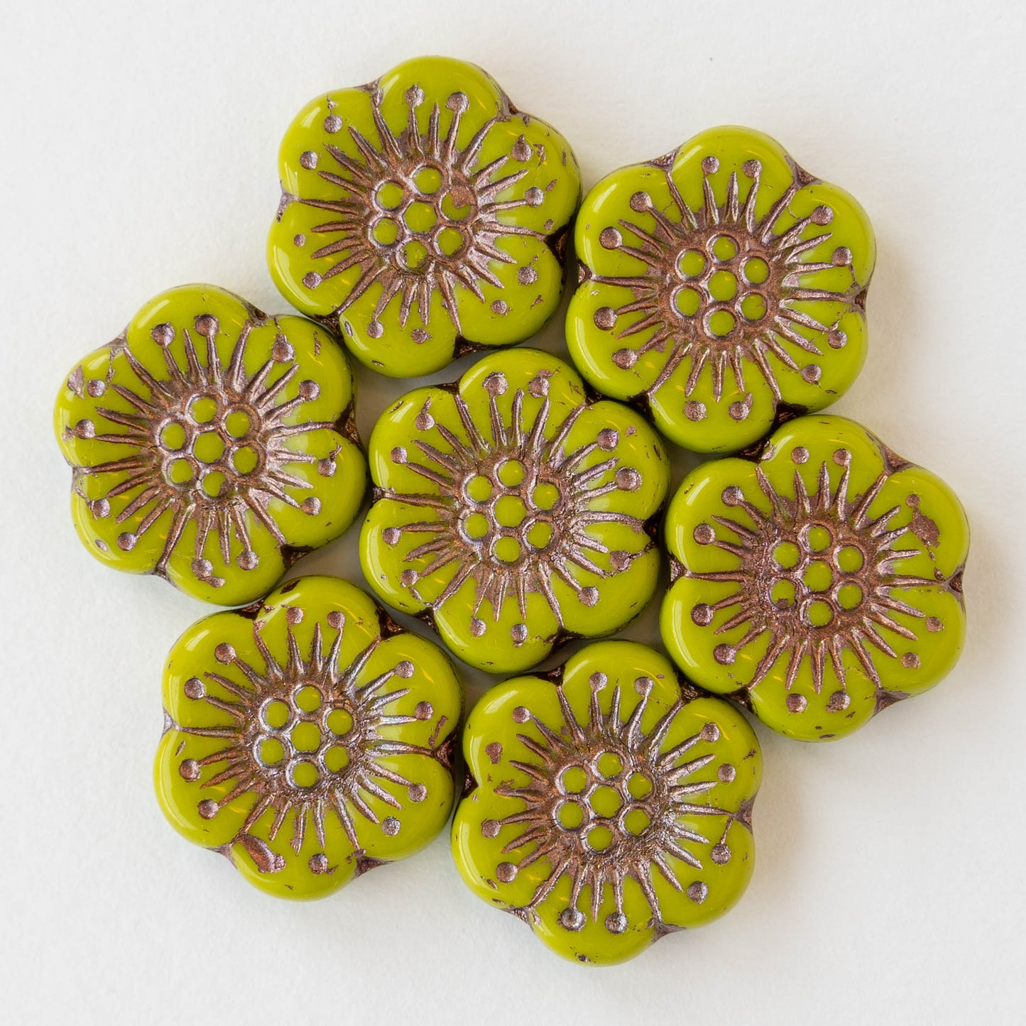 Anemone Flower Beads - 18mm - Opaque Lime Green with Copper Wash - 10 beads