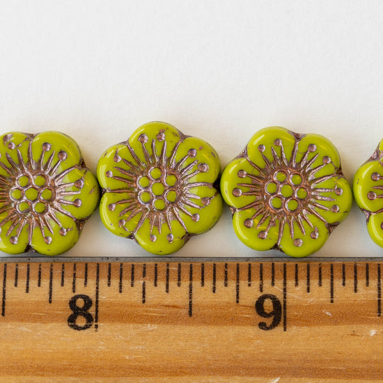 Anemone Flower Beads - 18mm - Opaque Lime Green with Copper Wash - 10 beads