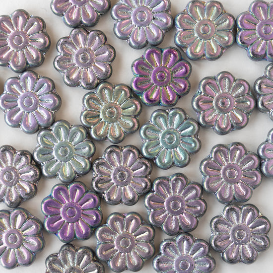 18mm Glass Flower Beads - Opaque Green Purple AB Mix - 4 beads