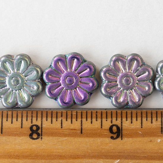 18mm Glass Flower Beads - Opaque Green Purple AB Mix - 4 beads