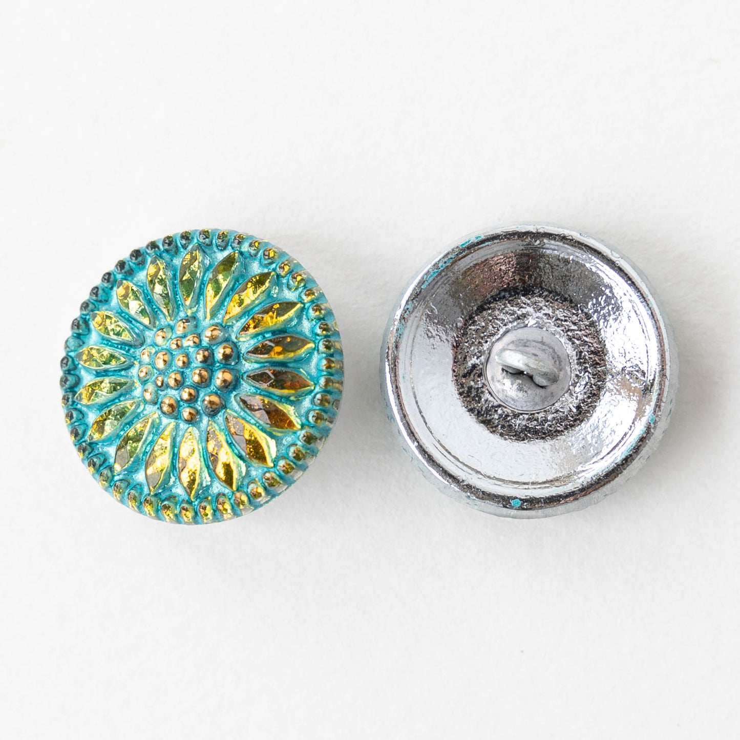 18mm Sunflower Buttons - Aqua and Gold  - 1 Button