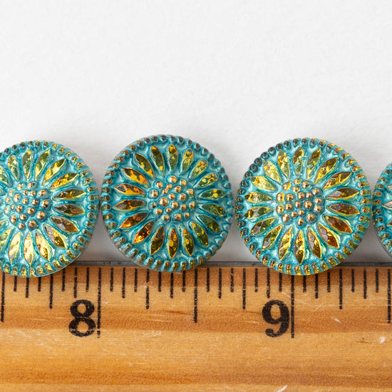 18mm Sunflower Buttons - Aqua and Gold  - 1 Button