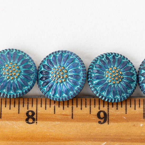 18mm Sunflower Buttons - Blue with Gold  - 1 Button