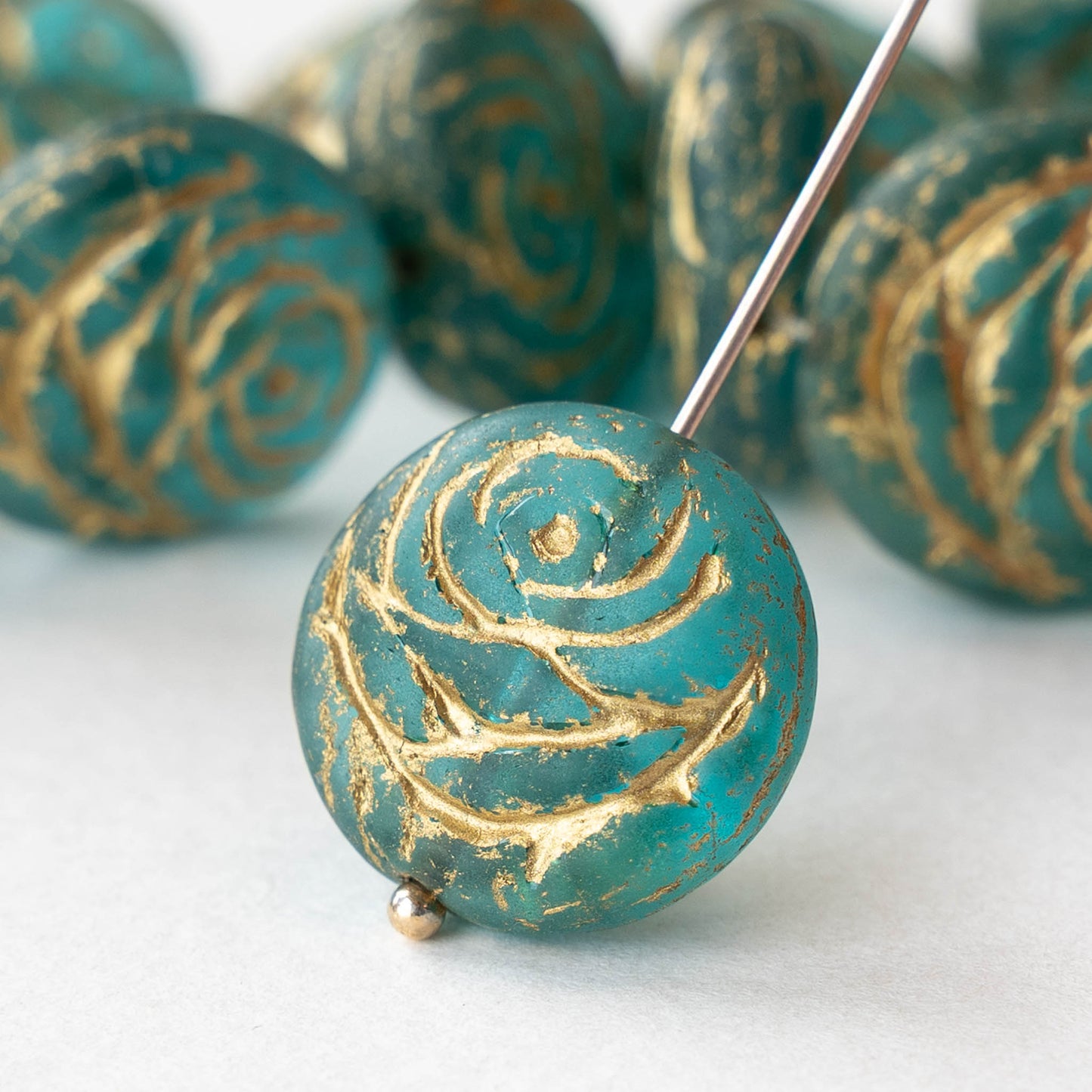 18mm Glass Flower Coin Bead - Teal with Gold Wash - 2 or 6 Beads