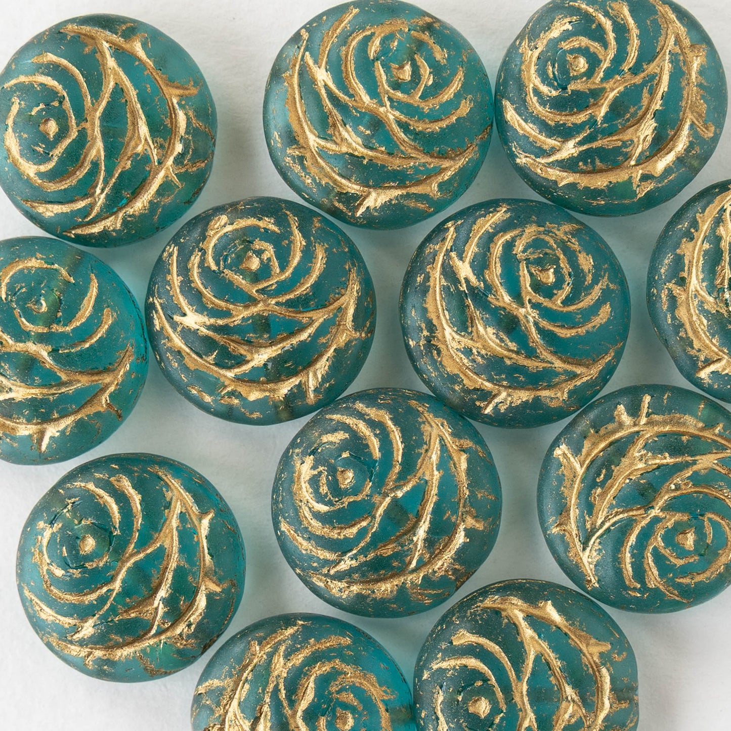 18mm Glass Flower Coin Bead - Teal with Gold Wash - 2 or 6 Beads