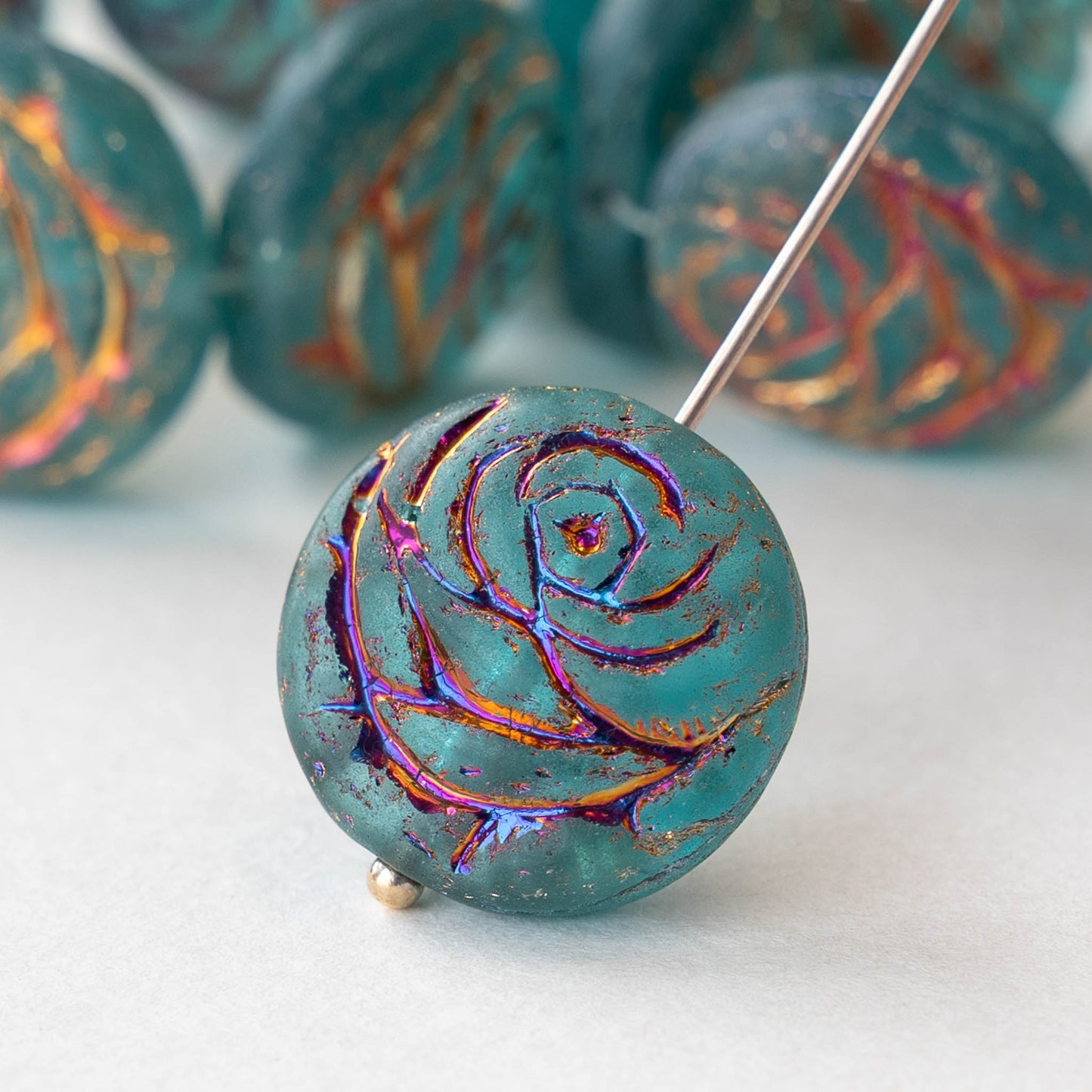18mm Glass Flower Coin Bead - Teal with Iris Wash - 2 or 6 Beads