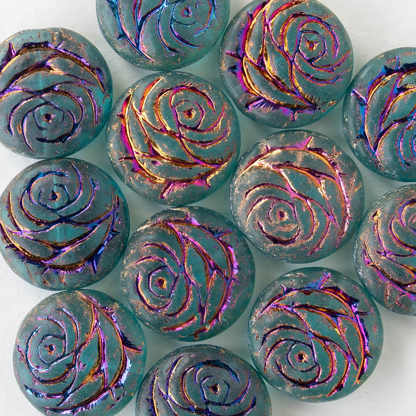 18mm Glass Flower Coin Bead - Teal with Iris Wash - 2 or 6 Beads