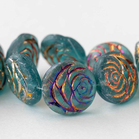 18mm Glass Flower Coin Bead - Teal with Iris Wash - 2 or 6 Beads