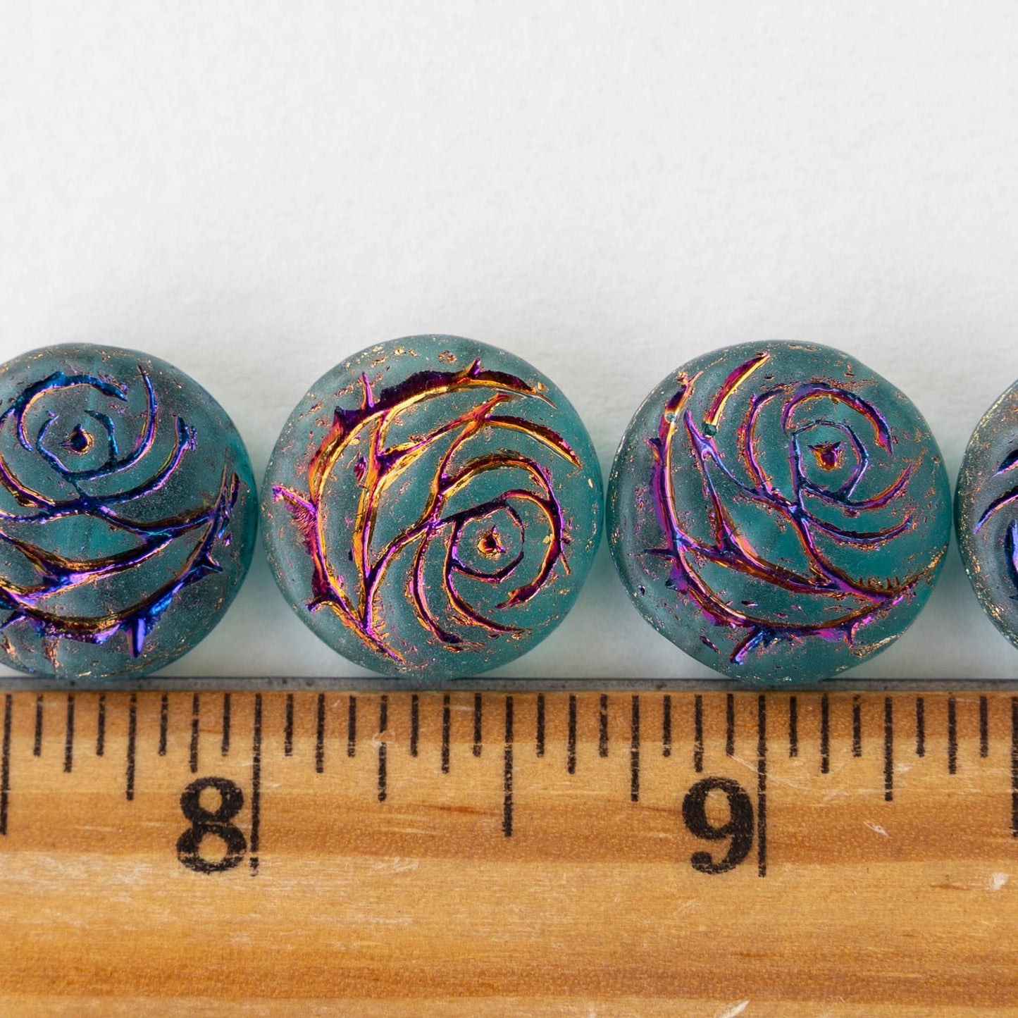 18mm Glass Flower Coin Bead - Teal with Iris Wash - 2 or 6 Beads