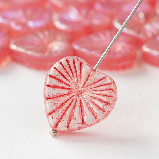 18mm Glass Heart Beads - Light Pink AB with Pink Wash - 4 or 8 hearts