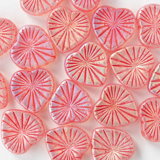 18mm Glass Heart Beads - Light Pink AB with Pink Wash - 4 or 8 hearts