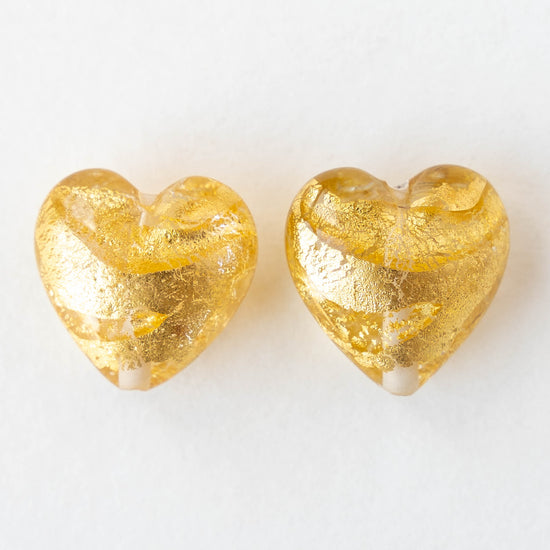 18mm Glass Heart Beads - Crystal with Gold Foil - 1 heart