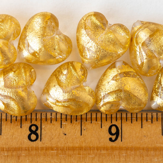 18mm Glass Heart Beads - Crystal with Gold Foil - 1 heart