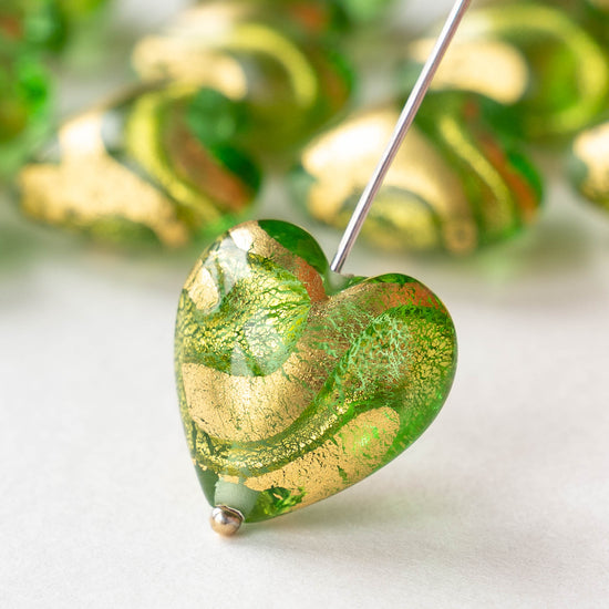 18mm Glass Heart Beads - Green with Gold Foil - 1 heart