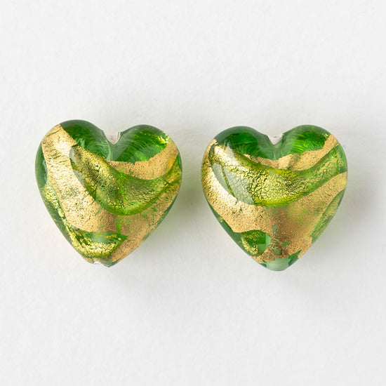18mm Glass Heart Beads - Green with Gold Foil - 1 heart