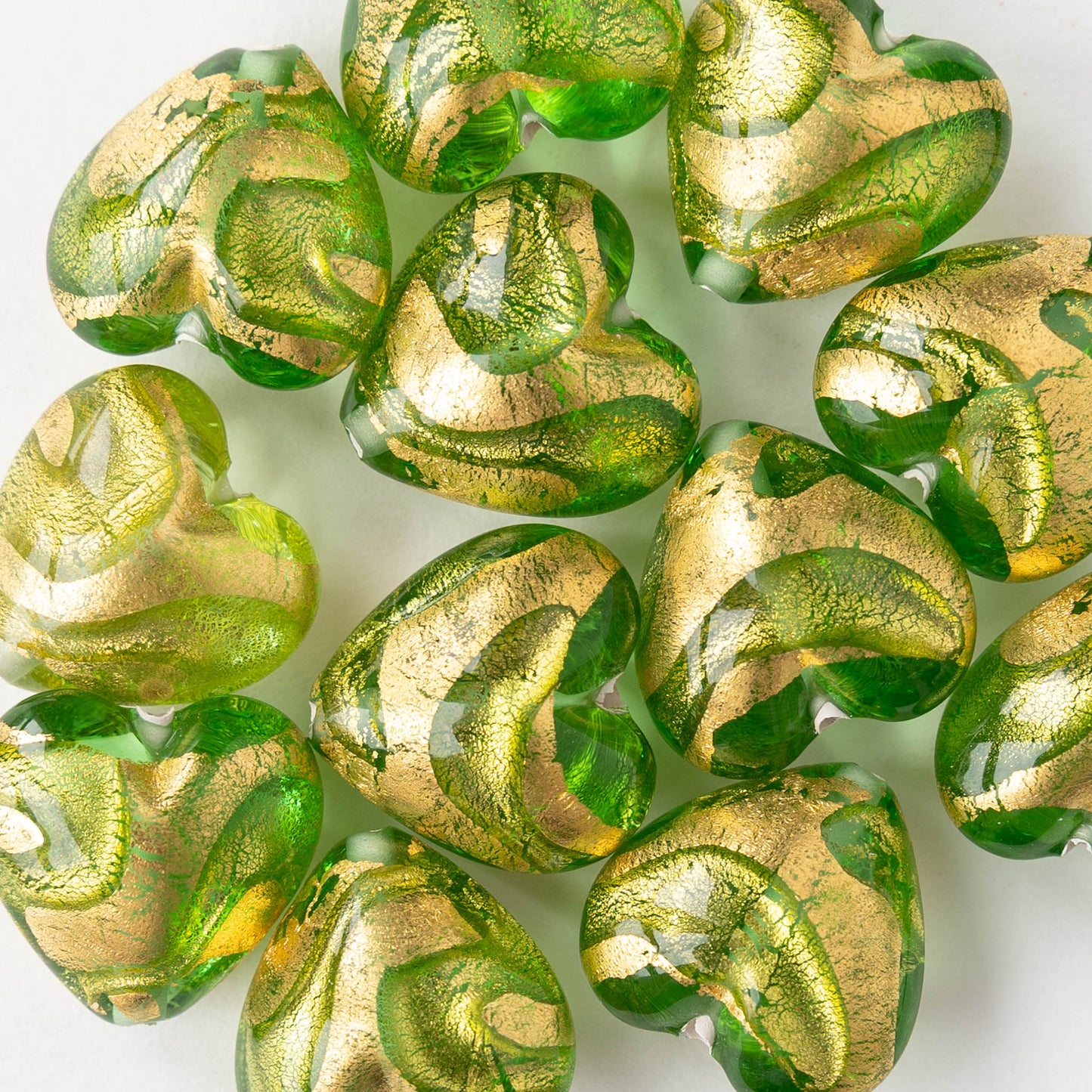 18mm Glass Heart Beads - Green with Gold Foil - 1 heart