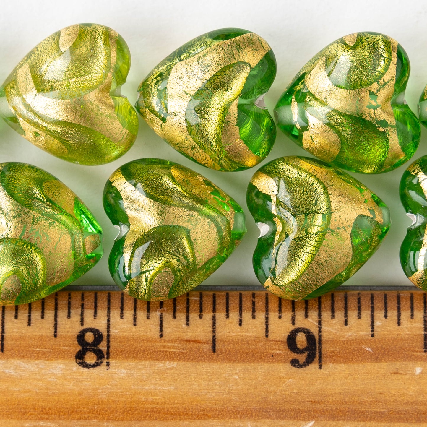 18mm Glass Heart Beads - Green with Gold Foil - 1 heart