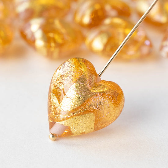 18mm Glass Heart Beads - Transparent Peach with Gold Foil - 1 heart