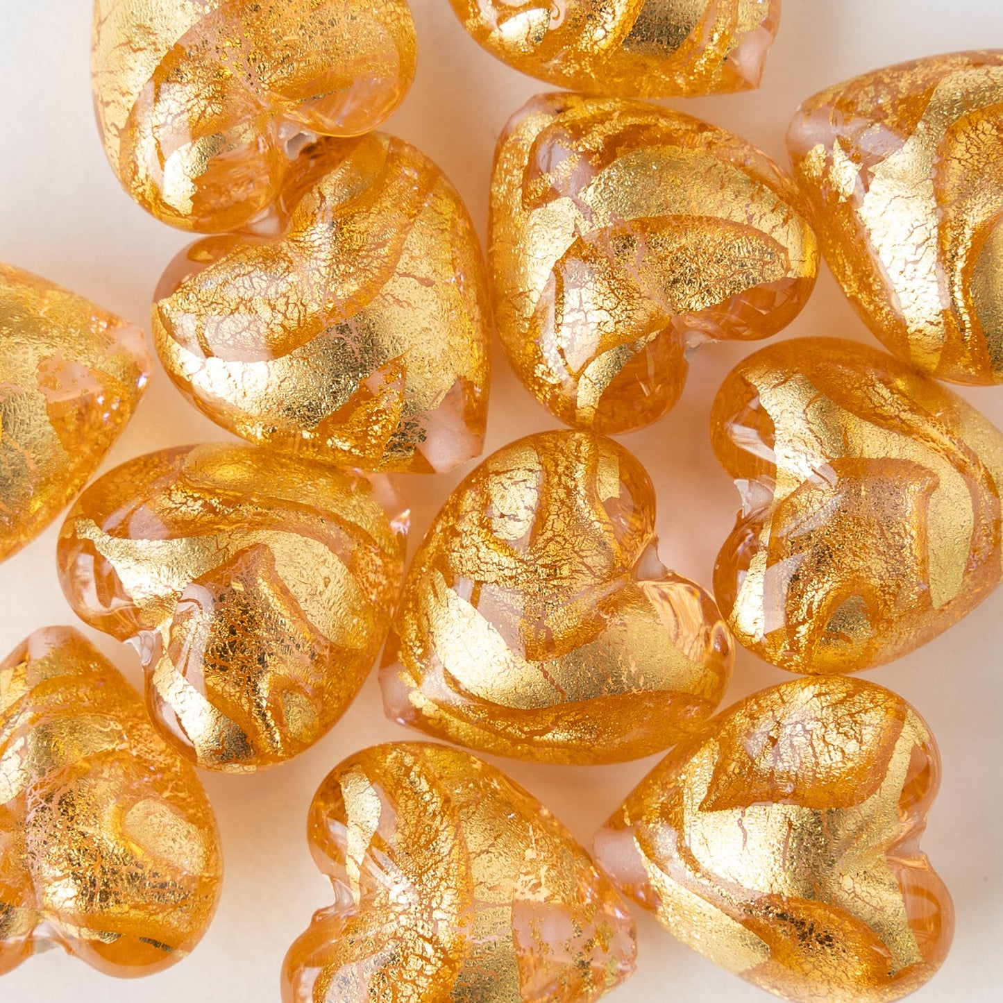 18mm Glass Heart Beads - Transparent Peach with Gold Foil - 1 heart