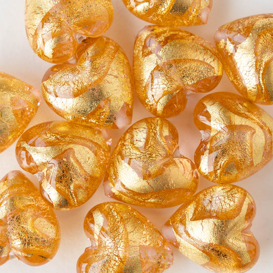 18mm Glass Heart Beads - Transparent Peach with Gold Foil - 1 heart