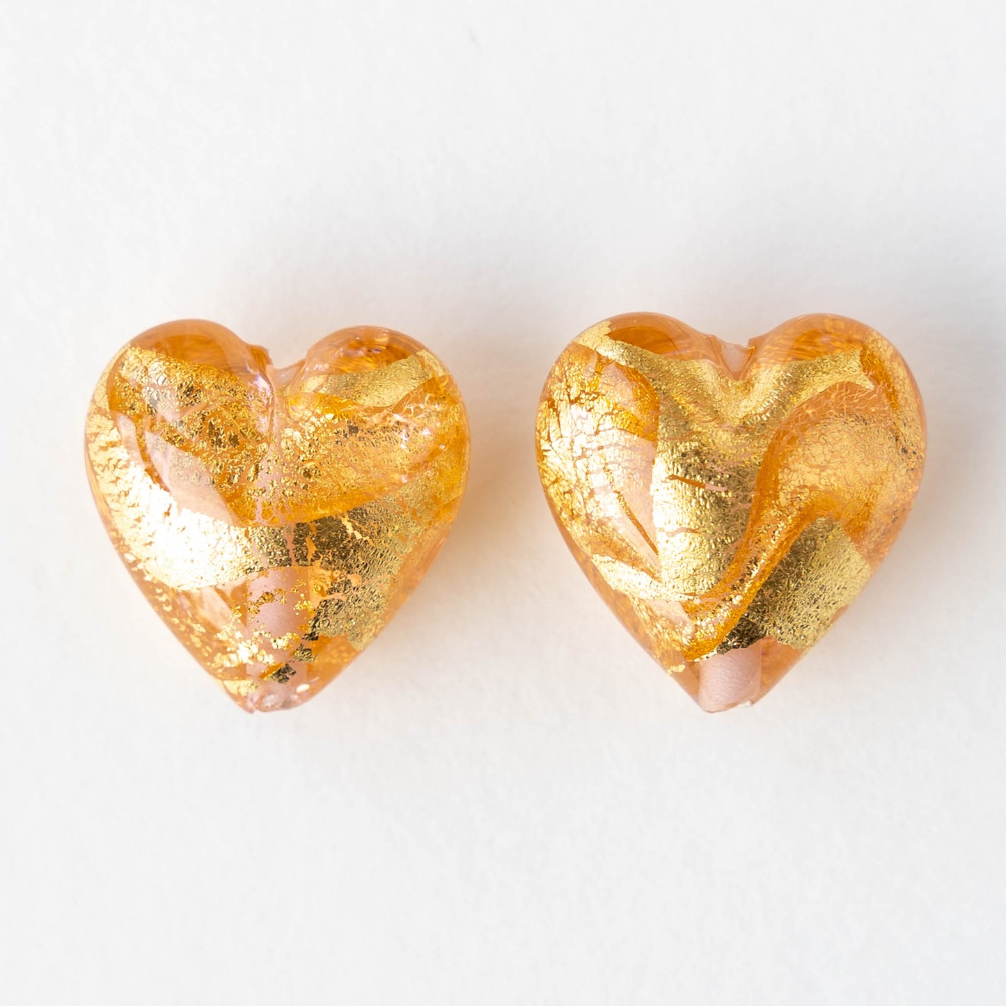 18mm Glass Heart Beads - Transparent Peach with Gold Foil - 1 heart