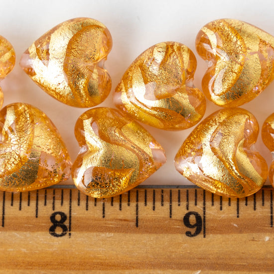 18mm Glass Heart Beads - Transparent Peach with Gold Foil - 1 heart