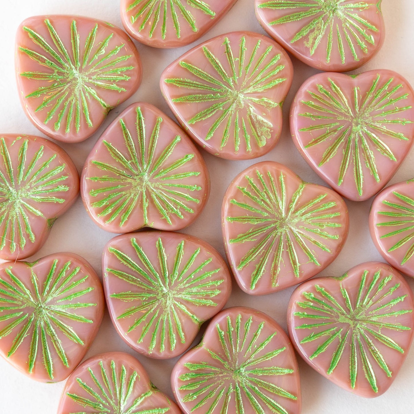 18mm Glass Heart Beads - Opaque Peach with Green Wash - 4 hearts