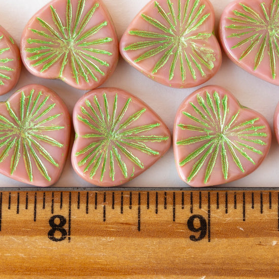 18mm Glass Heart Beads - Opaque Peach with Green Wash - 4 hearts