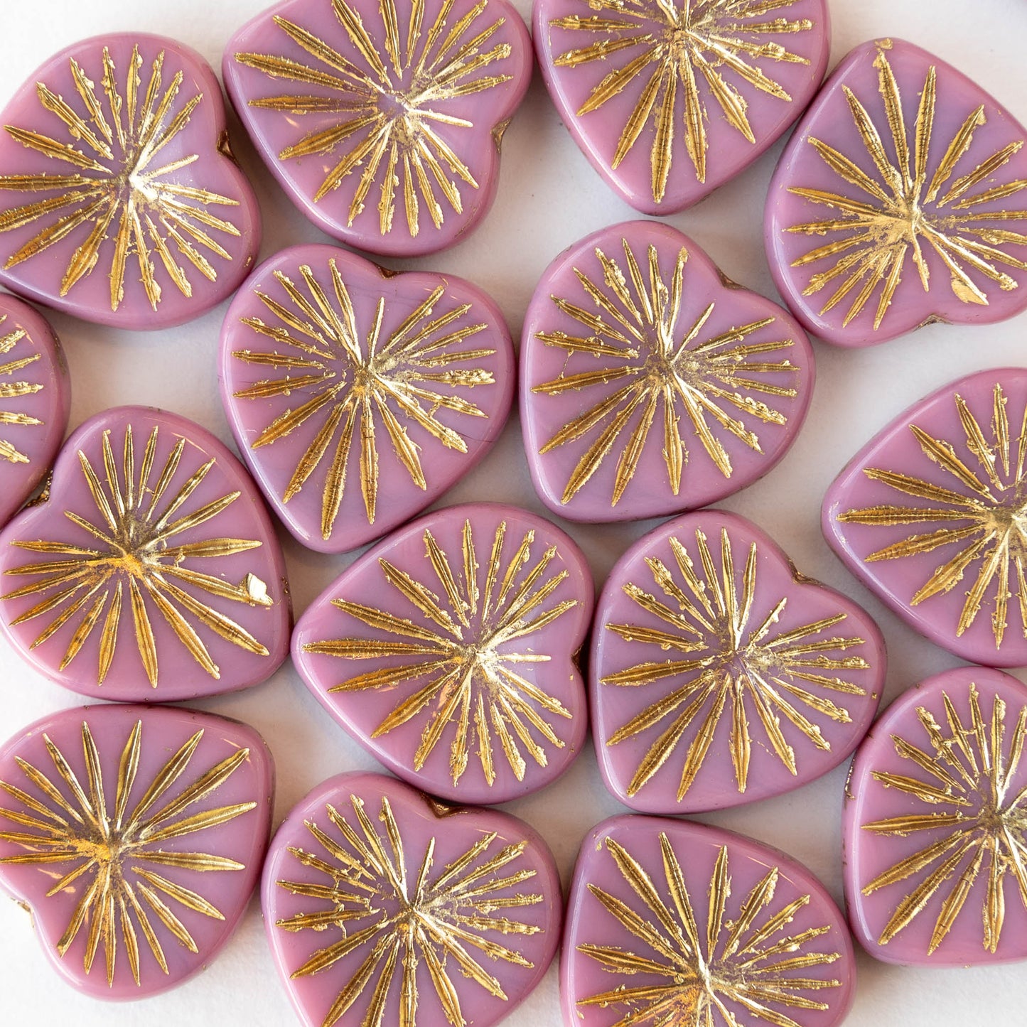 18mm Glass Heart Beads - Opaque Pink with Gold Wash - 4 hearts