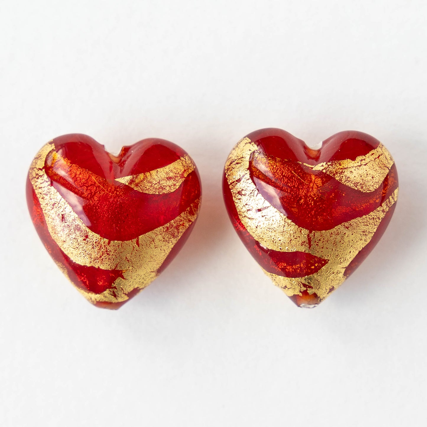 18mm Glass Heart Beads - Red with Gold Foil - 1 heart