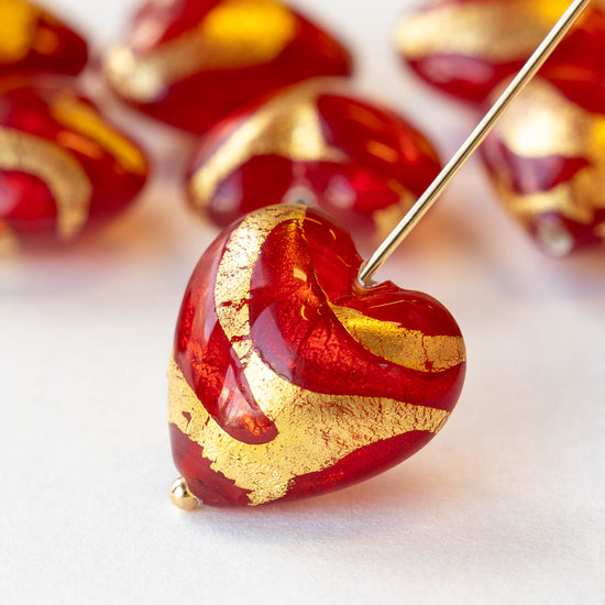 18mm Glass Heart Beads - Red with Gold Foil - 1 heart