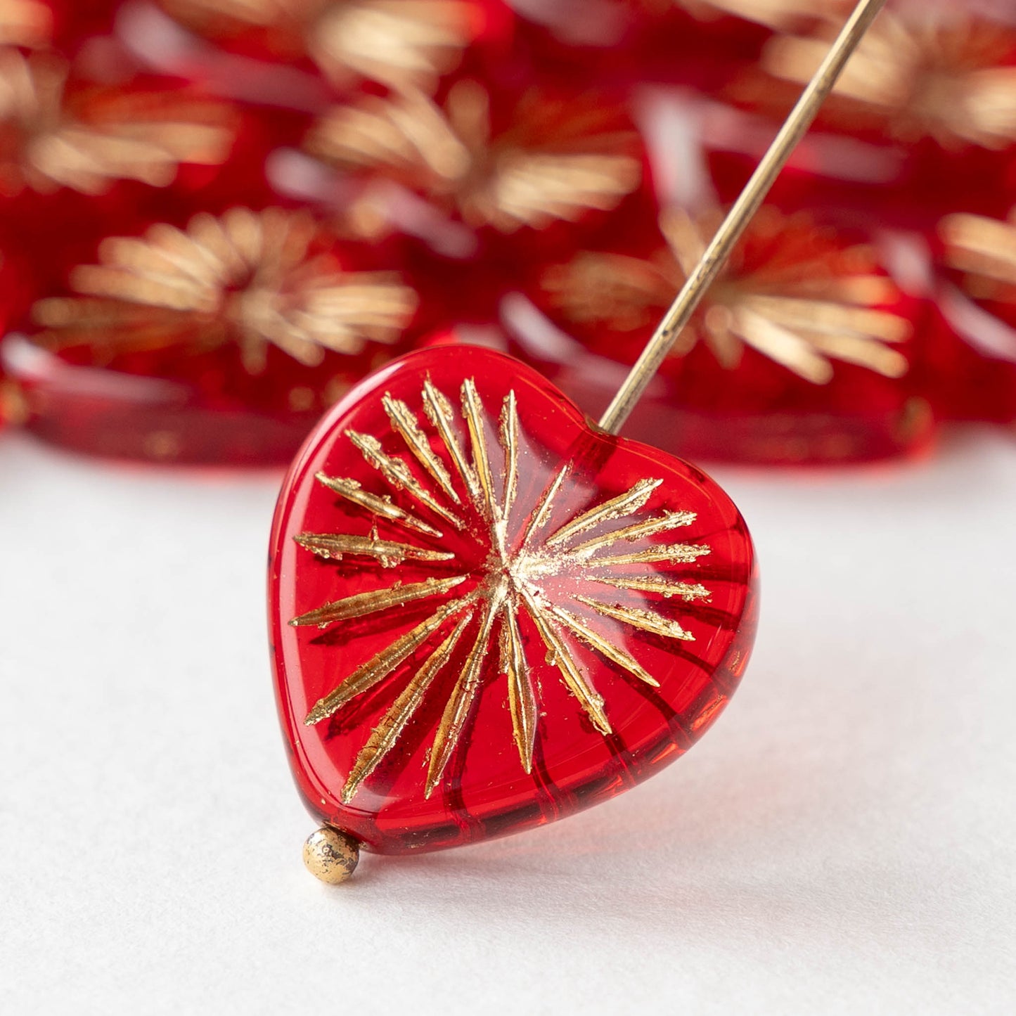 18mm Glass Heart Beads - Transparent Red with Gold Wash - 6 hearts