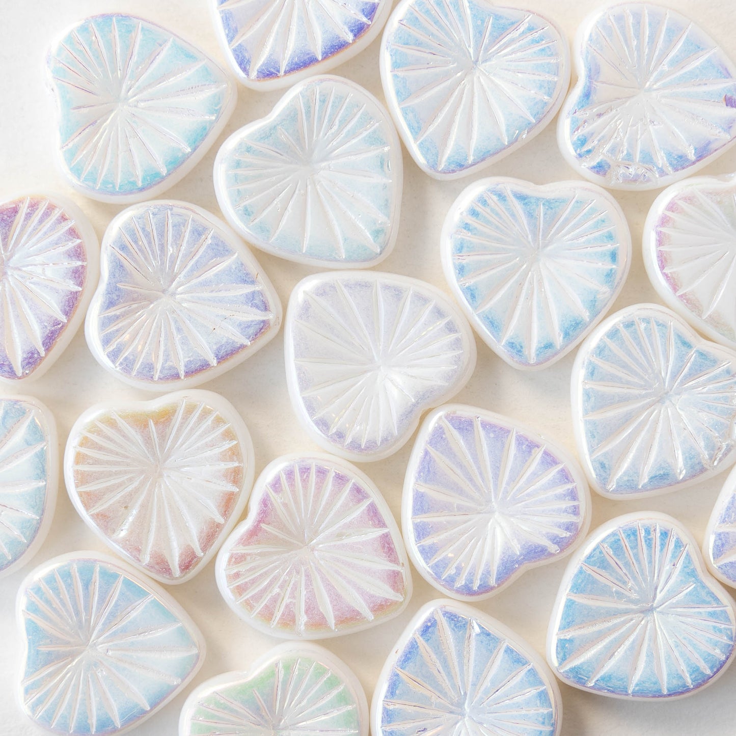 18mm Glass Heart Beads - Opaque White Iridescent - 4 hearts