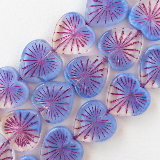 18mm Glass Heart Beads - Blue with Pink Wash - 6 hearts