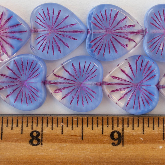 18mm Glass Heart Beads - Blue with Pink Wash - 6 hearts