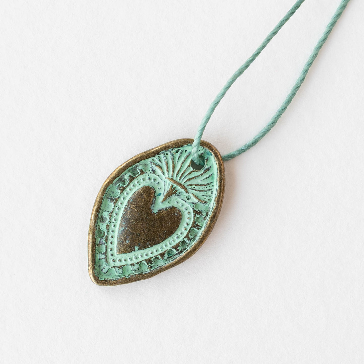 18x28mm Oval Heart Pendant - Green Patina Brass - 2 or 6 pendants