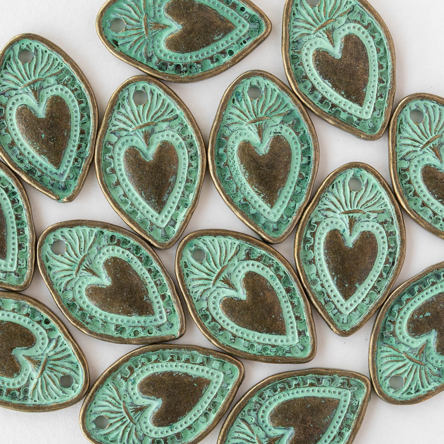 18x28mm Oval Heart Pendant - Green Patina Brass - 2 or 6 pendants