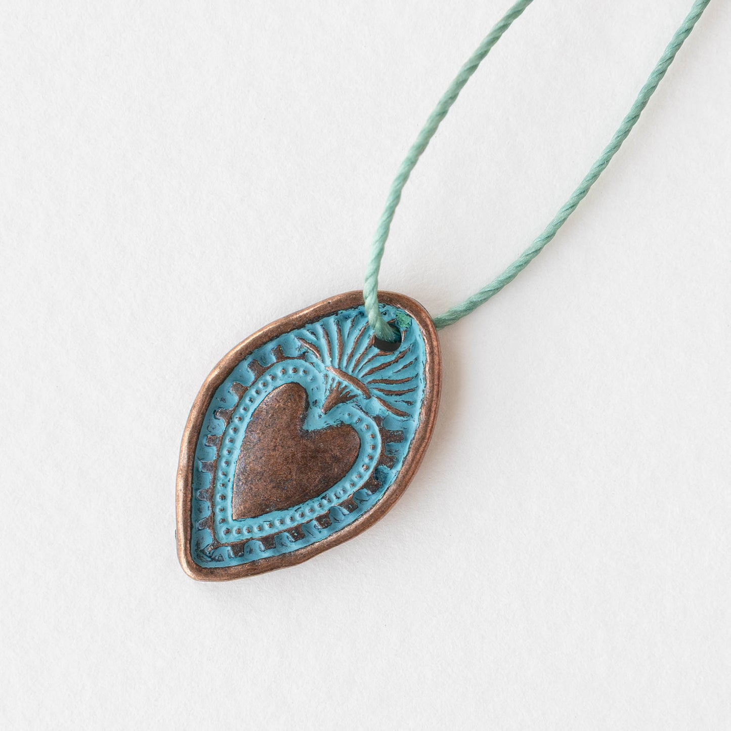 18x28mm Oval Heart Pendant - Blue Patina Copper - 2 or 6 pendants