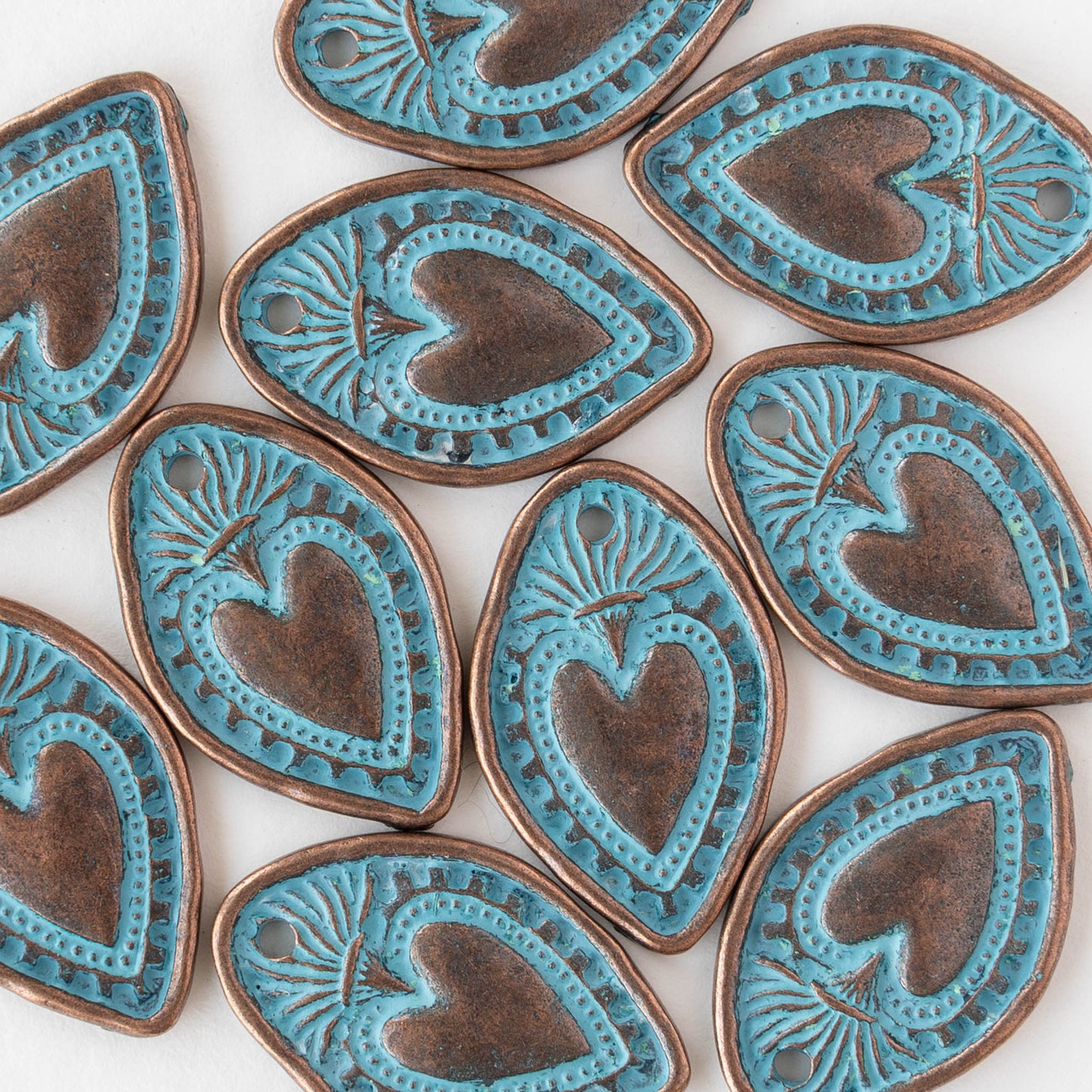 18x28mm Oval Heart Pendant - Blue Patina Copper - 2 or 6 pendants