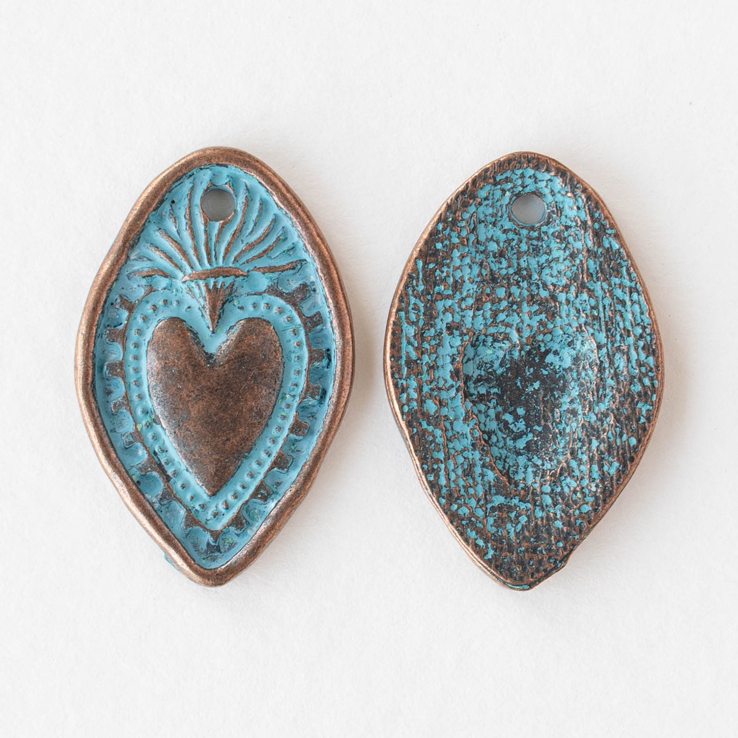 18x28mm Oval Heart Pendant - Blue Patina Copper - 2 or 6 pendants