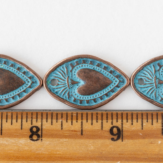 18x28mm Oval Heart Pendant - Blue Patina Copper - 2 or 6 pendants