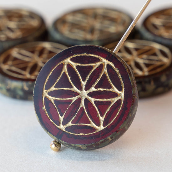 Load image into Gallery viewer, 19mm Flower of Life Coin Bead - Red with Gold Wash - 2 beads
