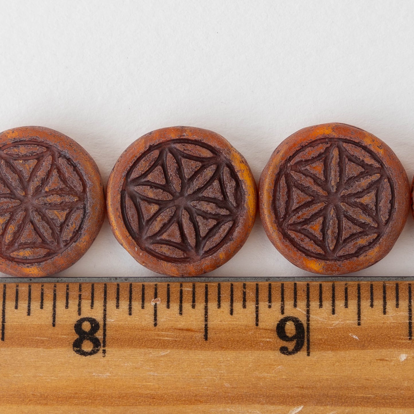 19mm Flower of Life Coin Bead - Terra Cotta Matte with Brown Wash - 2 beads