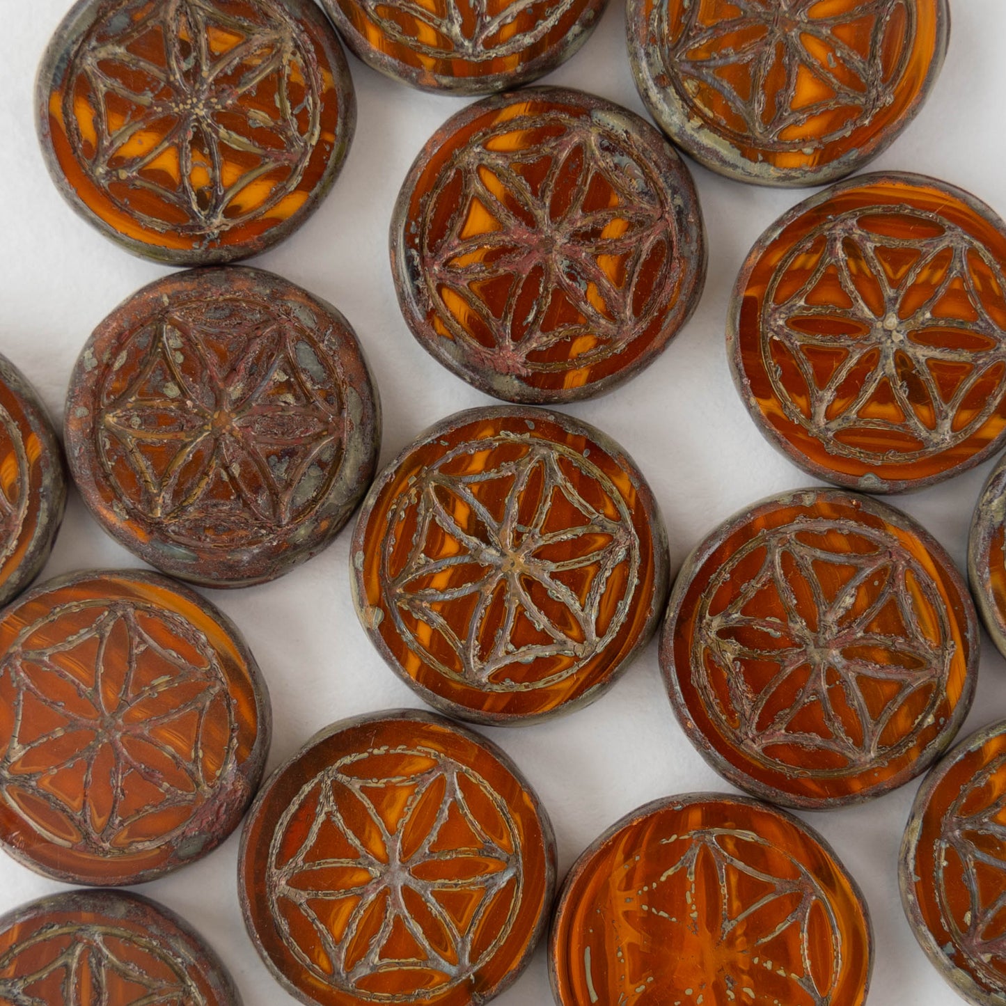 19mm Flower of Life Coin Bead - Red Orange - Choose Amount