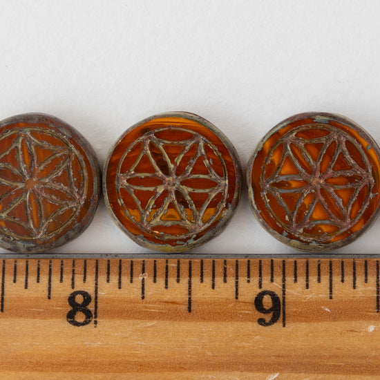 19mm Flower of Life Coin Bead - Red Orange - Choose Amount