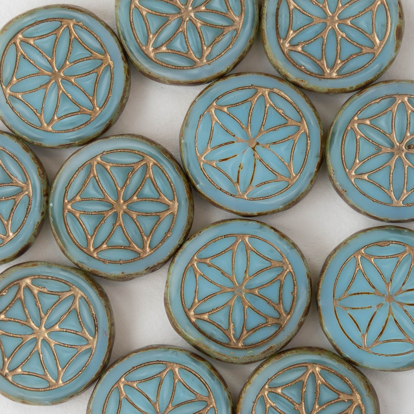19mm Flower of Life Coin Bead - Light Blue with Gold Wash - 2 beads