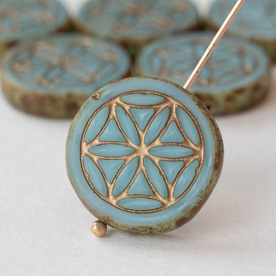 19mm Flower of Life Coin Bead - Light Blue with Gold Wash - 2 beads